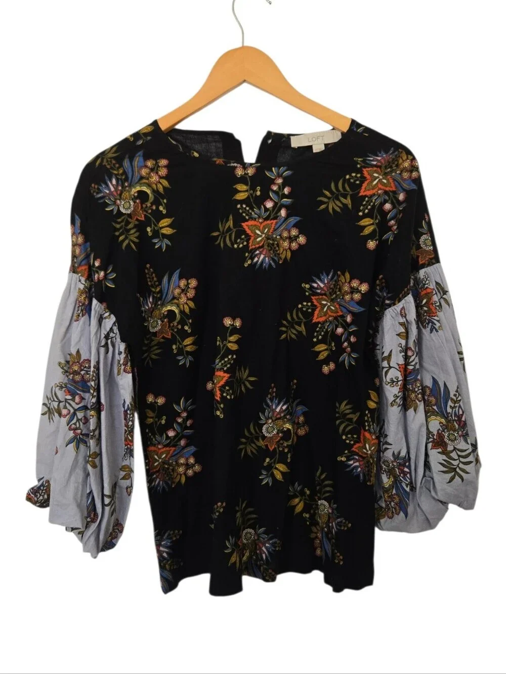 LOFT Floral Balloon Sleeve Blouse Dark Boho Peasant Top XS